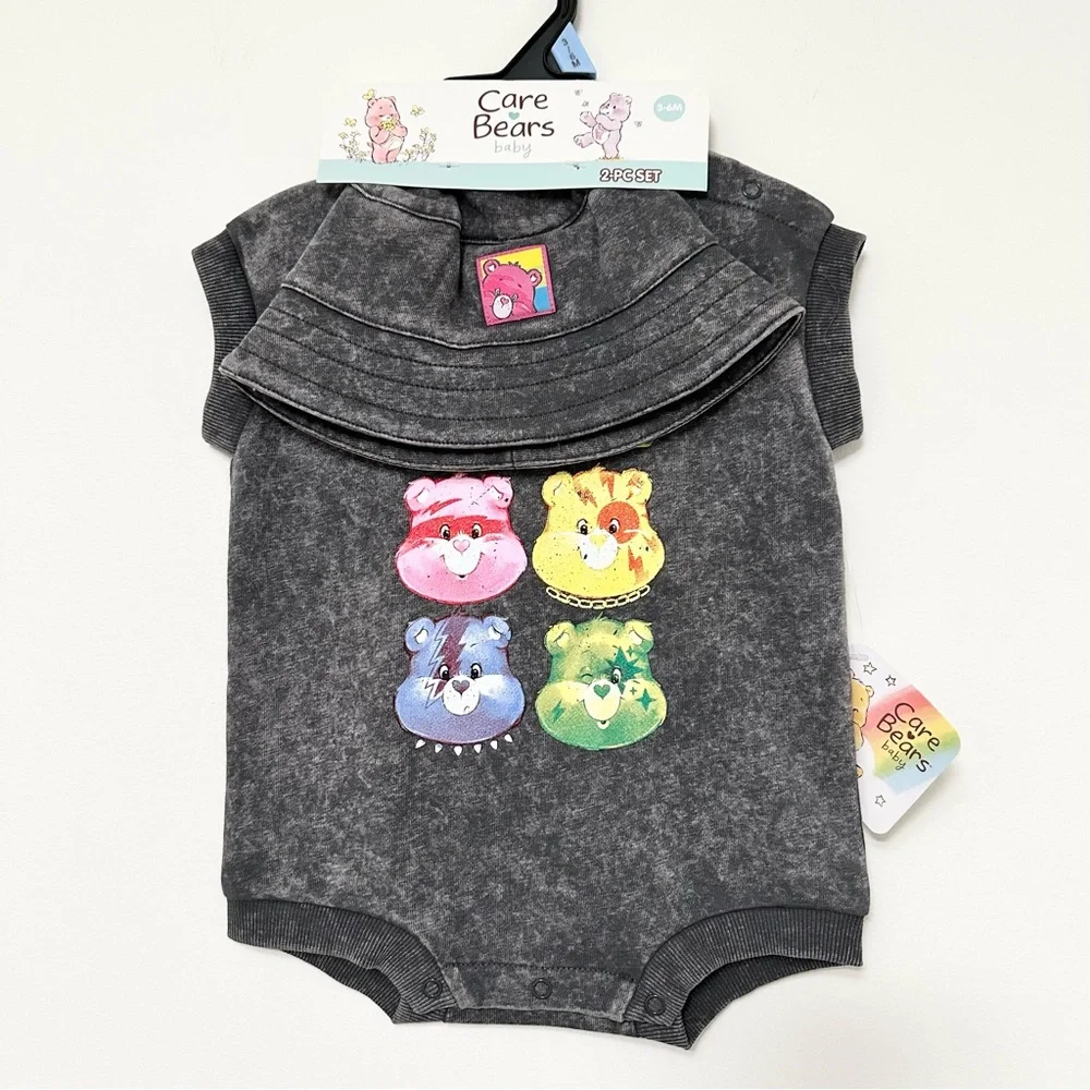 NEW Care Bears Black Acid-Wash Romper Matching Bucket Hat 2 Piece Set size 3-6 m